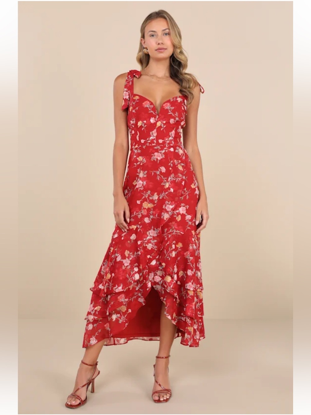 Lulus So Elevated Red Floral Jacquard Tie Strap Dress